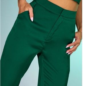 Forest Green Satin High Waist Wide Leg Trousers